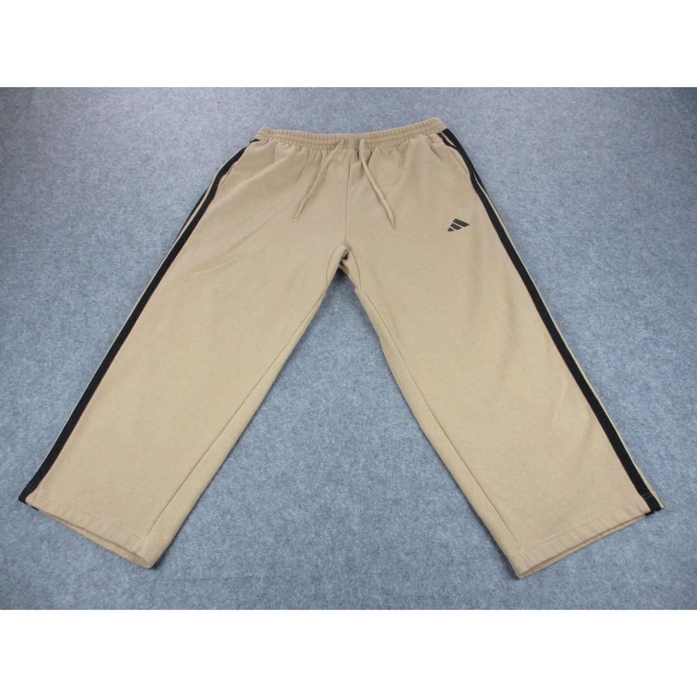 Adidas Pants Men 2XL XXL Beige Wide Leg Fleece Sweatpants Side Stripe Drawstring